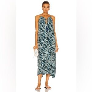 Natalie Martin Silk Fiore Maxi Dress Blue Teal Print Tassel Tie Boho